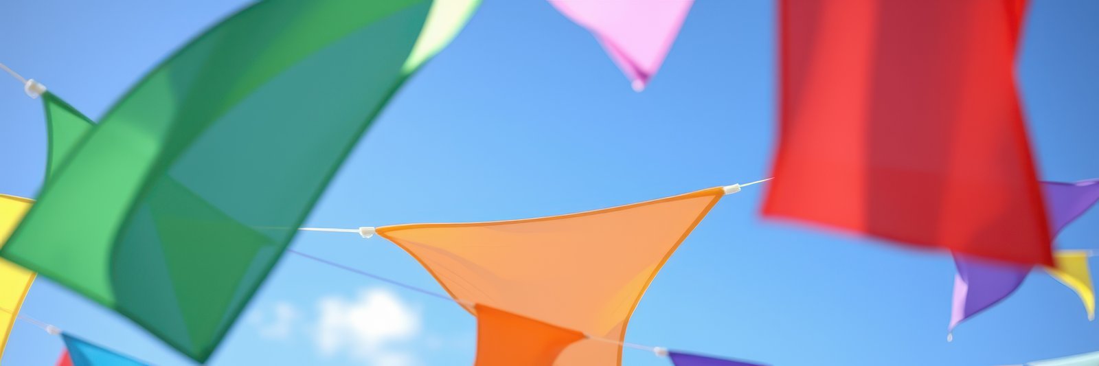 Colorful fabric flags sway gently under a clear blue sky during a festive celebration in a vibrant outdoor setting
